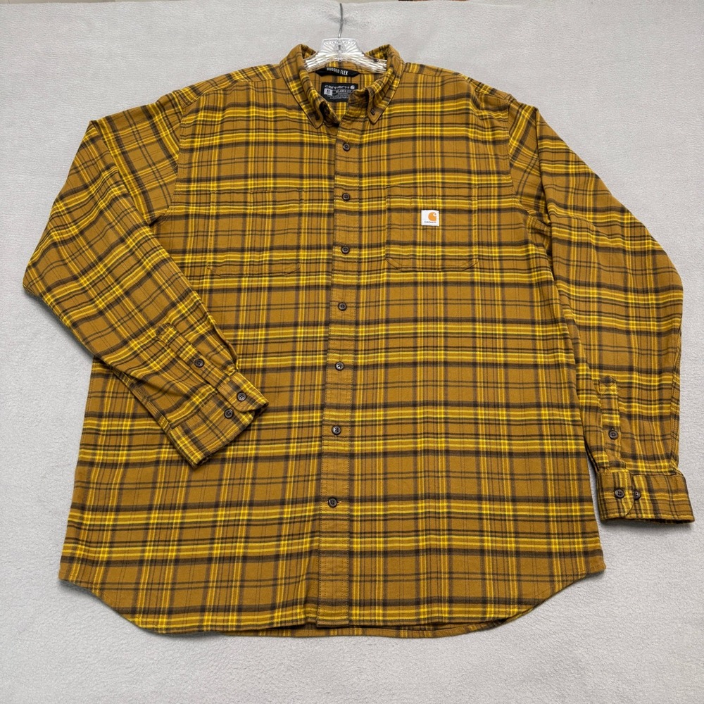 Carhartt Rugged Flex Shirt Mens XL Tall Mustard Yellow Plaid Flannel Workwear
